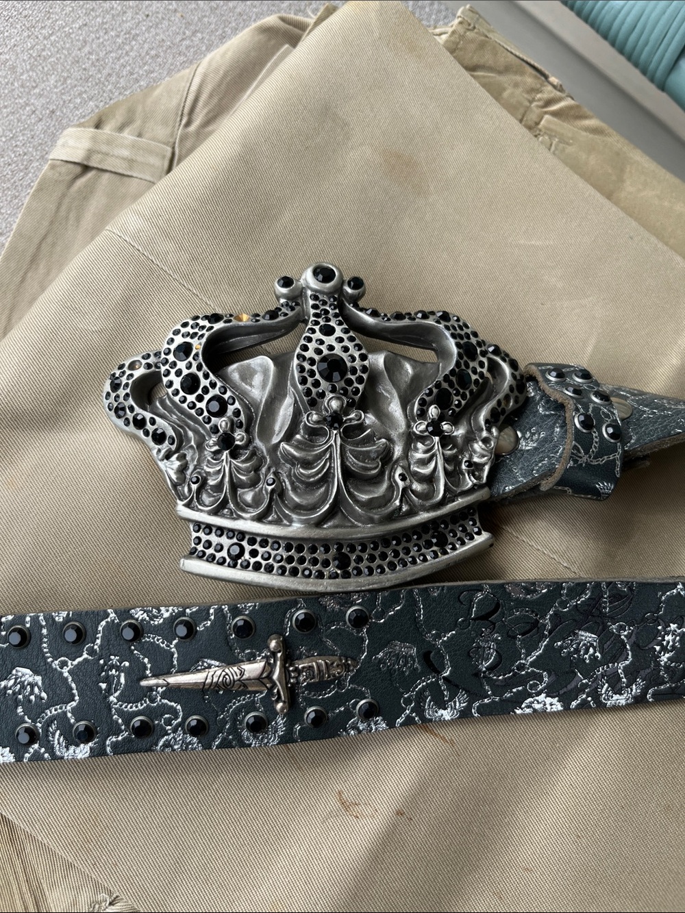 Christian Audigier Men's Black Belt with Ornate Silver Crown Buckle